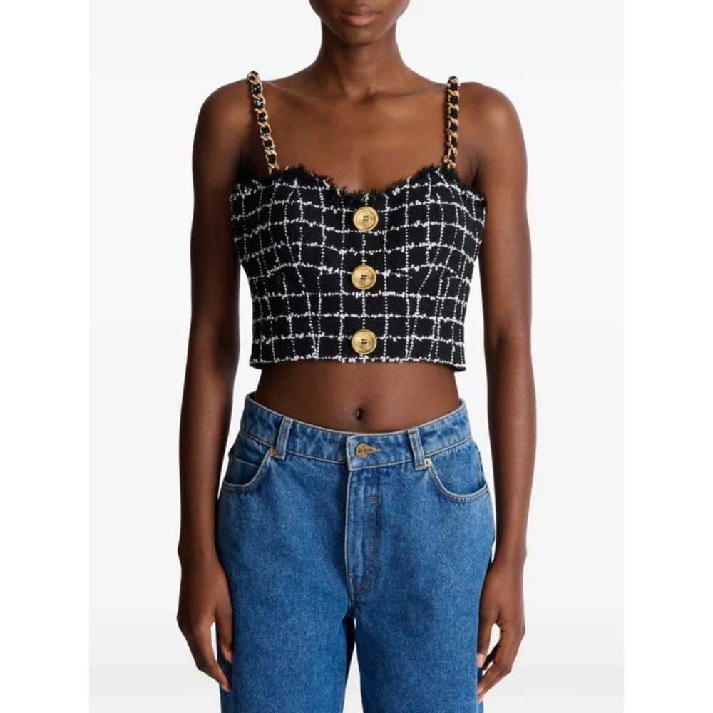 Balmain Women Tweed Top With Shoulder Straps - Picture 2 of 6